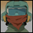Pixelated anime-style character with teal helmet and red bandana covering lower face, next to stylized text on black background.