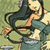 Pixelated static image of a cartoon-style figure with long dark hair and light skin, wearing a teal top against a muted green background.