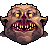 Pixelated creature with bulbous head, yellow eyes, and wide toothy grin on gray background.