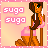 Animated contact sheet of 16 pixel art frames showing a cartoon character with brown hair and pink clothing against a peach background, repeating text "suga suga" in the top rows and "how ya get so fly?" in the bottom rows.