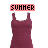 Six summer-themed items displayed in a : maroon tank top, blue denim shorts, black sunglasses, brown flip-flops with pink straps, and striped bikini top