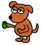 A cartoon dog with orange fur and black outlines holds a green circular object in its right hand on the left side, then a silver circular object in its right hand on the right side.