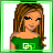 Pixelated cartoon woman with long brown hair wearing green off-shoulder top and blue jeans, standing against white background.