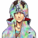 A character with brown hair and a metal headband appears in three color variations: multicolored pixelated, blue-tinted, and pink-tinted, each with a red-lined hooded jacket.