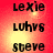 Red background with yellow gradient center displaying repeated text 'Lexie', 'Luhvs', and 'steve' in black pixelated font across two