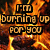Pixelated text on a fiery background with two states: one showing 'I'm burning up for you' and the other showing 'I'm burning up for you baby'.