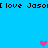 Blue background with repeated pixelated text and three pixelated hearts in pink and purple.