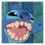 Blue cartoon character with large eyes and a wide open mouth showing teeth in first frame, transitioning to closed mouth smile in second frame.