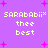 Pixelated text and pink starbursts on a purple background with repeated 'SARABABII' and 'thee best' phrases.