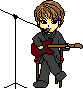Pixel art character with brown hair plays red electric guitar while seated, positioned before microphone stand on gray background.