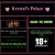 Pixelated grid of dark purple and black sections with green horizontal bars, pink heart shapes at top corners, and a white '18+' symbol on bottom right.