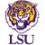 Pixelated static icon of a tiger mascot head with LSU text below, rendered in purple and gold on white background.