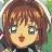 Pixelated anime-style character with brown hair, large green eyes, and red lips, wearing a dark top with light accents.