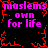 Pixelated text repeats 'muslems own for life' in pink on black with red glitch effects, arranged in a pattern