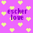 Pixelated purple text 'escher love' on a pink background with yellow heart shapes, some hearts partially obscured by the text.