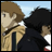 Two anime-style characters in profile view, one with brown hair and a beige jacket, the other with black hair and a dark coat, against a light blue sky background.