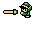 Pixel art character in green and black attire holding various weapons against gray background.