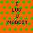 Pixelated orange background with green star pattern and repeated text "I LUV U MADDI!!" in black, featuring a gray rectangular cutout on the right side.