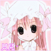 Anime-style character with pink hair and large black eyes, wearing a white hat with pink bows and polka dots.