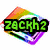 Rainbow-colored diamond shape with green text 'zackh2' overlaid on a white background.