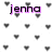 Pixelated image with central text 'jenna' in black letters outlined by purple, surrounded by scattered dark gray heart shapes on white background.