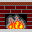 Pixelated brick fireplace with three fireplaces, each showing distinct flame animations in orange, yellow, and gray tones.