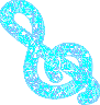 Three light blue musical treble clef icons with white pixelated sparkles on a gray background, arranged in a triangular formation.