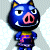 Blue pig-like character with pink snout and yellow inner ears stands against light gray background, wearing blue outfit with purple accents.