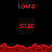 Red pixelated text 'love' and 'sux' arranged in a with red jagged borders on black background