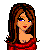 Pixel art contact sheet showing a female character's head, torso, and legs with repeated text elements in red and black glitch-style fonts.