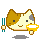 Pixel art cat face with brown and white fur, holding yellow object, two teal sticks on left side.