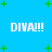 Blue background with green plus signs and four instances of 'DIVA!!!' text in white pixelated font arranged in a pattern