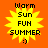 Yellow sunburst shape with black text on orange background; four identical , each displaying "Warm Sun FUN SUMMER :)" text