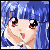 Pixelated anime-style face with blue hair, large red eyes, and a small pink mouth against a blue background.