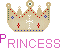 Pixelated crown icon with red, blue, and green accents on beige base; pink text 'PRINCESS' below in three