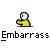 Animated contact sheet of 16 pixel art frames showing a stick figure character in various poses with repeated text "Embarrass" below each frame on gray background.