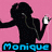 Four pixelated silhouettes of a woman dancing against colored backgrounds with "Monique" text in different colors below each.