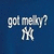 Blue background with white text 'got meky?' and a stylized NY logo beneath it, showing pixelated animation changes across frames.