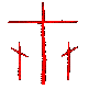 Three vertical crosses with horizontal arms and two smaller crosses below, all in red, green, and purple on gray background.