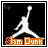 A pixelated basketball player silhouette in mid-air dunk pose with orange text 'Slam Dunk' below, on a black background.