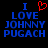Blue pixelated text reads 'I LOVE JOHNNY PUGACH' with a red heart symbol replacing the 'O' in 'LOVE' on a black background.