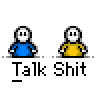 Animated contact sheet of pixelated stick figures in blue and yellow shirts with speech bubbles containing text like "PSSST... LOOK AT HIM" and "HE'S SO..." above repeated "Talk Shit" labels below each figure.