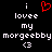 Pixelated text and symbols on black background with red heart symbol above 'i lovee my morgeebby <3' in white pixel font.