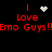 Red pixelated text "Love Emo Guys!" on black background with animated white symbols above each line of text.