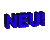Blue 3D text 'NEU!' in various orientations and sizes on a gray background, with some instances mirrored or rotated.