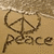 A beach scene with a peace symbol drawn in sand, waves lapping at the shore, and 'peace' written below.