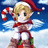 Pixelated elf with blonde hair and red Santa hat holds candy cane, stands on snowy hill under blue sky with clouds; text reads 'MERRY CHRISTMA' in black block letters.