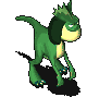 Green pixelated creature with yellow underbelly and dark green mane, walking in a sequence of against gray background