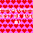 A static pixel art image with a pink background covered in red heart shapes, featuring repeated text elements and numerical symbols.