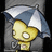 Pixelated yellow character with large eyes holding a blue-and-white striped umbrella under a gray structure, with text reading 'aww the sky is crying' on a black background.